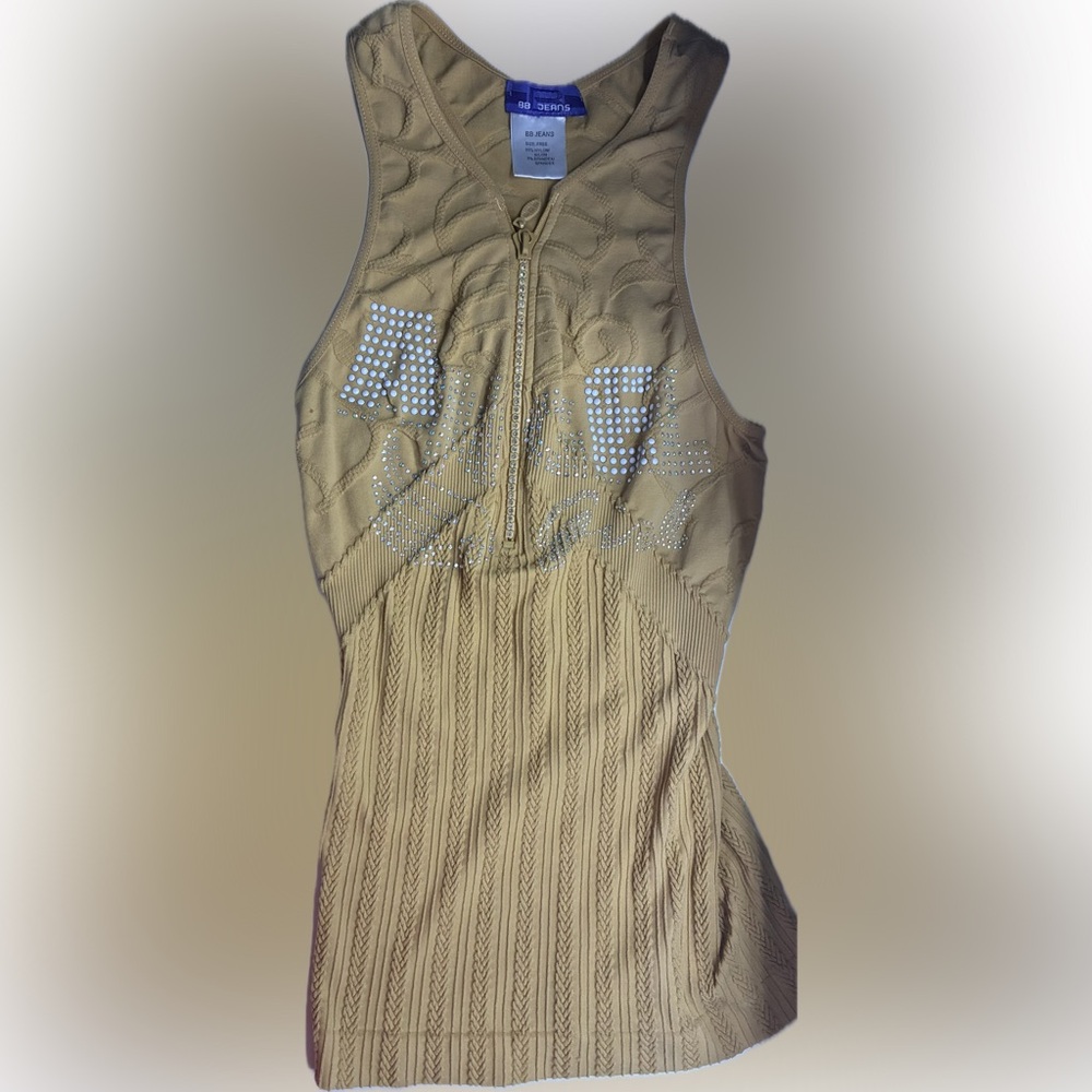 BB Jeans Women's Tan Sleeveless Zip-Front Knit Tank with Rhinestone Detail